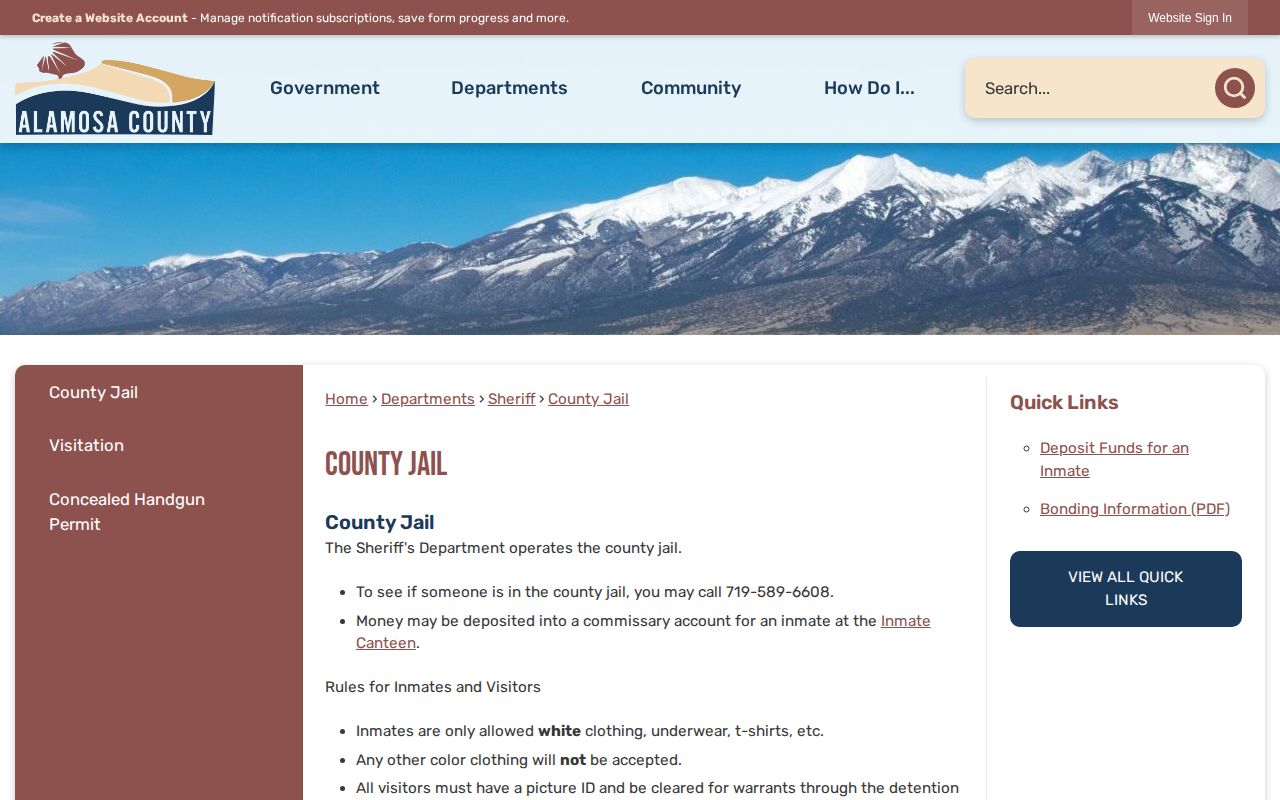 Alamosa County jail current custody and booking record instructions