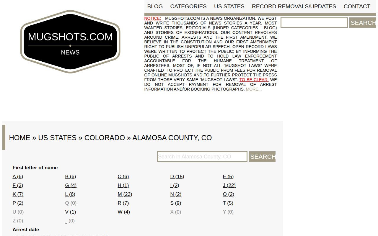Unofficial stale Alamosa County mugshot archive interface